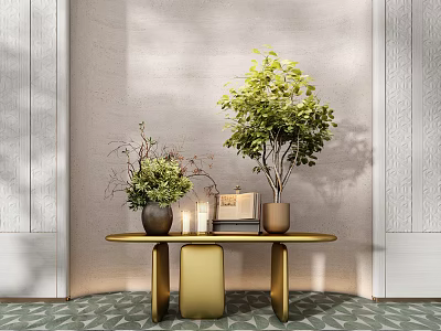 Elegant Modern Console Table With Potted Plants Books And Decorative Vases 3d model