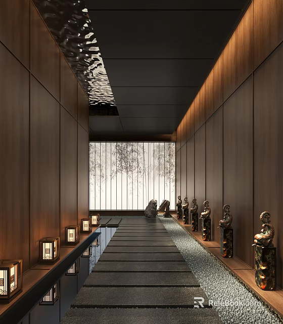 Elegant Hotel Corridor With Wooden Walls Warm Lighting And Decorative Statues 3d model 