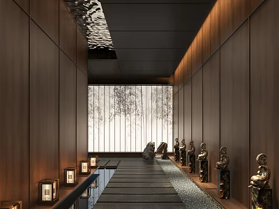 Elegant Hotel Corridor With Wooden Walls Warm Lighting And Decorative Statues 3d model