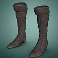 Dark Gray Leather Knee High Boots With Stitched Details For Fashionable Look