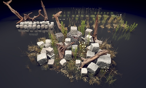 modern gobi wilderness rock weeds dead wood brick 3d model