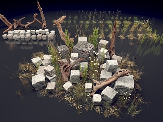 modern gobi wilderness rock weeds dead wood brick 3d model