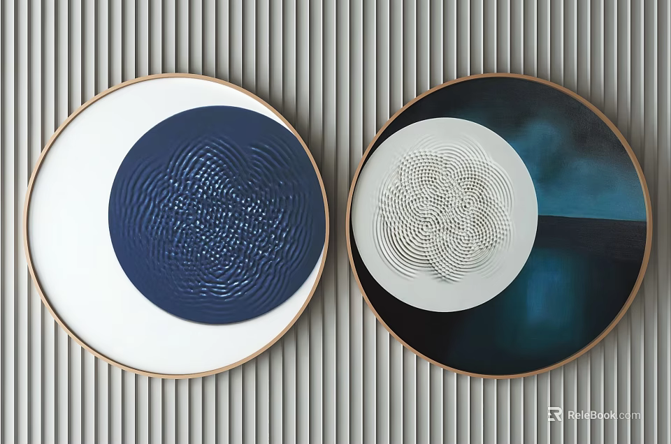 Round Framed Paintings With Blue White Wave Spiral Patterns On Gray Striped Wall 3d model 