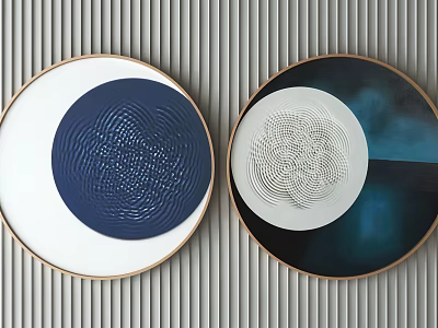 Round Framed Paintings With Blue White Wave Spiral Patterns On Gray Striped Wall 3d model