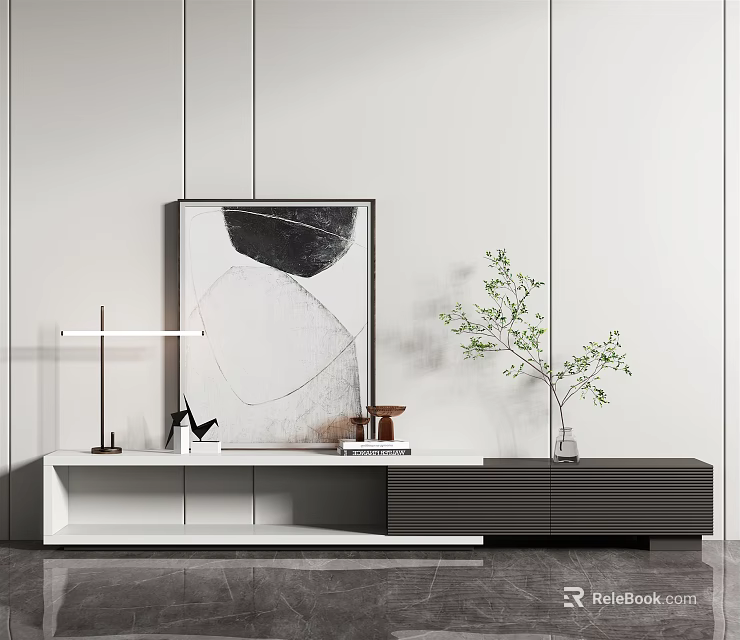 Minimalist TV Stand Featuring White Dark Finish Abstract Painting Green Plant and Table Lamp 3d model 