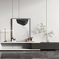Minimalist TV Stand Featuring White Dark Finish Abstract Painting Green Plant and Table Lamp