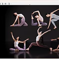 Women Practicing Various Yoga Poses In Sportswear Against Black Background On Reflective Floor