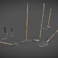 Versatile Farm Tools Including Hoe Rake Fork Shovel With Wooden Handles And Metal Parts