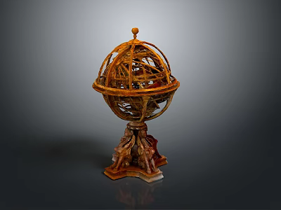 Vintage Decorative Globe Ornament With Intricate Metal Framework And Carved Base 3d model