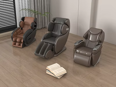 Three Comfortable Leather Massage Chairs In Brown And Gray With Wooden Floor And Open Book 3d model