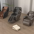 Three Comfortable Leather Massage Chairs In Brown And Gray With Wooden Floor And Open Book