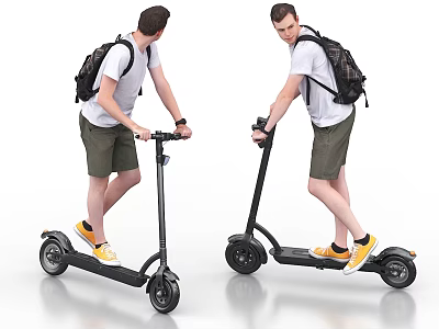 Man Riding Black Electric Scooter With White T-Shirt Green Shorts And Backpack 3d model