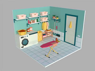 Cartoon Style Laundry Room With Washing Machine Ironing Board Shelves Green Walls And Tiled Floor 3d model