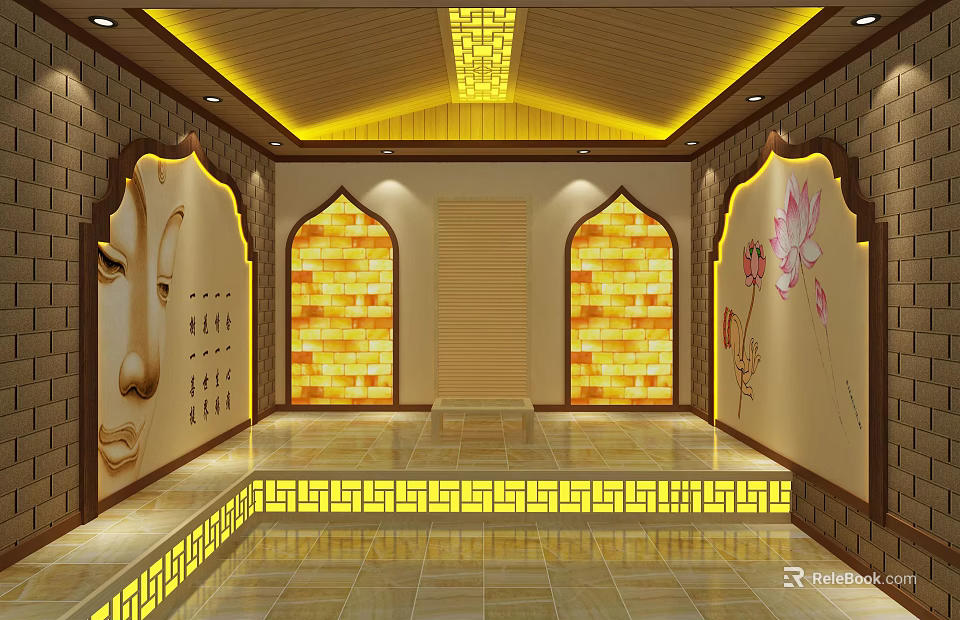 SPA Sauna Interior Design With Salt Walls Wooden Ceiling And Decorative Murals 3d model 