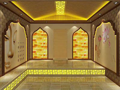 SPA Sauna Interior Design With Salt Walls Wooden Ceiling And Decorative Murals 3d model