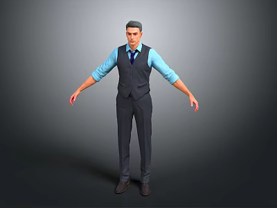 Men's Business Style Attire With Blue Shirt Dark Vest Dark Suit Pants And Leather Shoes 3d model