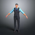 Men's Business Style Attire With Blue Shirt Dark Vest Dark Suit Pants And Leather Shoes