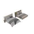 Light Colored Double Bed With Striped Headboard Gray Quilt Pillows And Wooden Nightstand