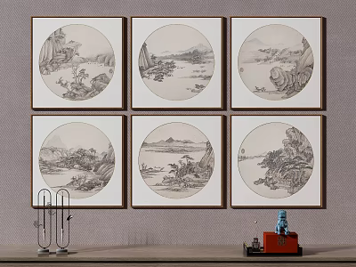 Six Circular Framed Traditional Chinese Landscape Paintings For Home Wall Decor 3d model