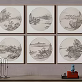 Six Circular Framed Traditional Chinese Landscape Paintings For Home Wall Decor