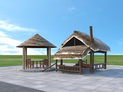Scenic Rustic Outdoor Pergola With Thatched Roof Wooden Structure And Garden Tables Chairs 3d model