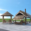Scenic Rustic Outdoor Pergola With Thatched Roof Wooden Structure And Garden Tables Chairs