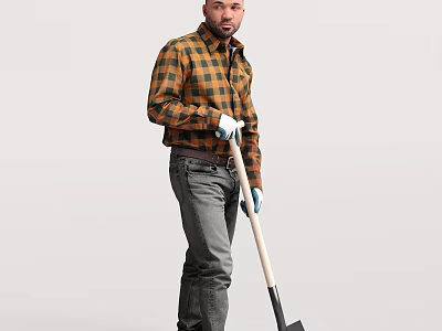 A man wearing a plaid shirt and white gloves standing while holding a shovel 3d model
