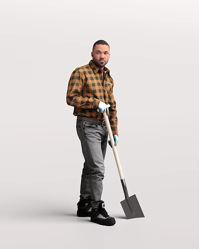 A man wearing a plaid shirt and white gloves standing while holding a shovel 3d model