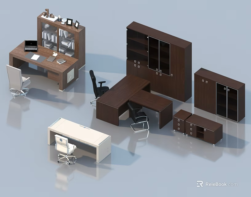 Modern Office Desks With Various Styles Wooden Design And Matching Chairs Cabinets 3d model 