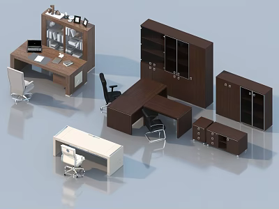 Modern Office Desks With Various Styles Wooden Design And Matching Chairs Cabinets 3d model