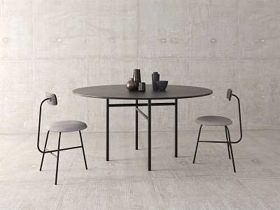 Modern Minimalist Dining Set With Round Table Two Chairs Gray Cushions Black Metal Frames 3d model