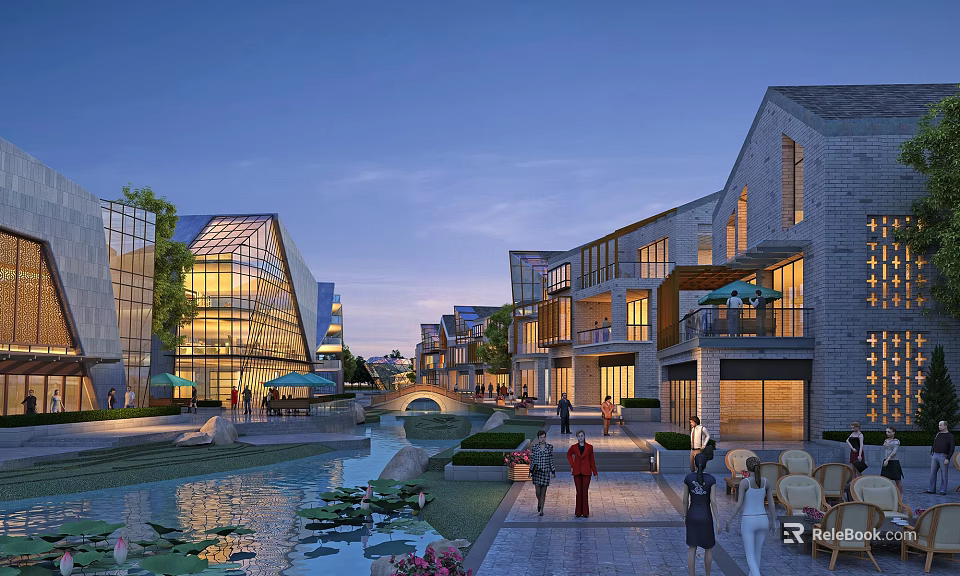 Modern Traditional Commercial Complex With Water Features Leisure Spaces And People Relaxing 3d model 