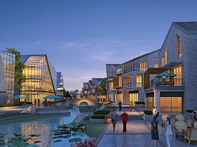 Modern Traditional Commercial Complex With Water Features Leisure Spaces And People Relaxing 3d model