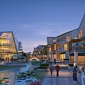 Modern Traditional Commercial Complex With Water Features Leisure Spaces And People Relaxing