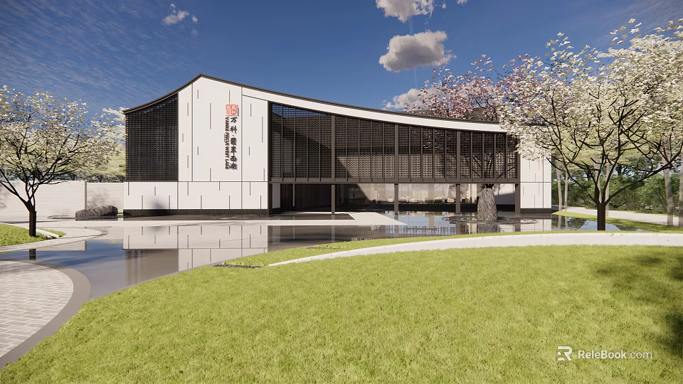 Modern Sales Office Building Exterior With Glass Curtain Wall And Landscaped Lawn 3d model