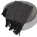 Modern Round Gray Ottoman with Black and White Striped Fringe Blanket
