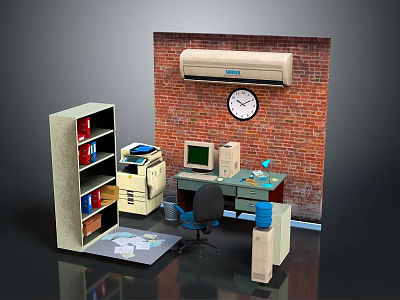 Office Interior Setup With Brick Wall Air Conditioner Clock Bookshelf Printer Computer Desk And Chair 3d model