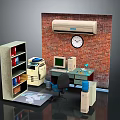 Office Interior Setup With Brick Wall Air Conditioner Clock Bookshelf Printer Computer Desk And Chair