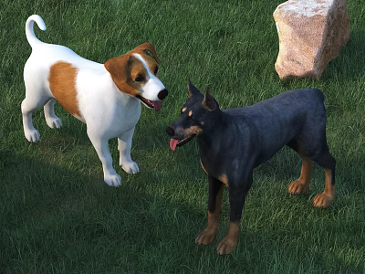 Playful Dogs Standing On Green Grass Near Large Rock In Outdoor Scene 3d model