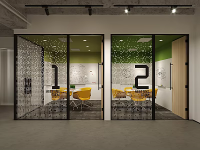 Modern Meeting Room With Glass Doors Numbered 1 And 2 Yellow Chairs Green Walls 3d model