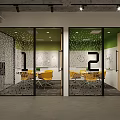 Modern Meeting Room With Glass Doors Numbered 1 And 2 Yellow Chairs Green Walls