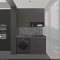 Modern Balcony Cabinet Design With Washing Machine Marble Countertop And White Vertical Stripe Wall