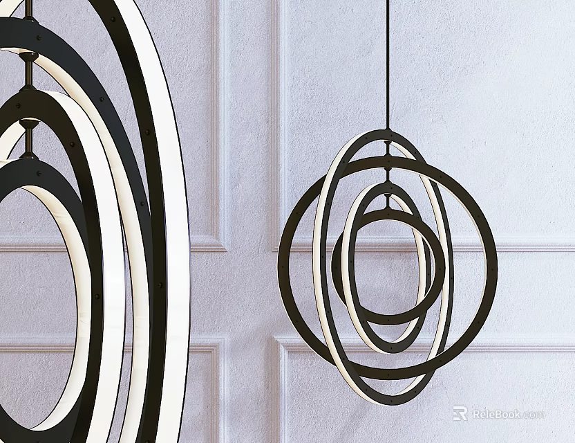 Modern Circular Ring Chandelier with Black and White Design Hanging on White Wall 3d model 