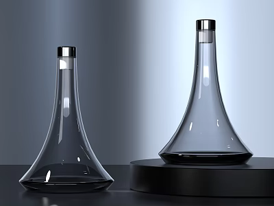 Modern Conical Transparent Glass Wine Bottles And Glasses With Silver Caps On Black Countertop 3d model