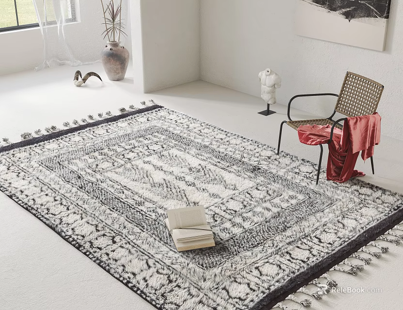 Square Fringed Rug With Black White Pattern In Living Room 3d model 