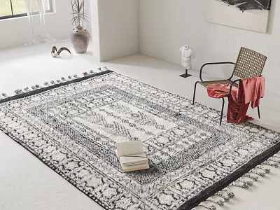 Square Fringed Rug With Black White Pattern In Living Room 3d model