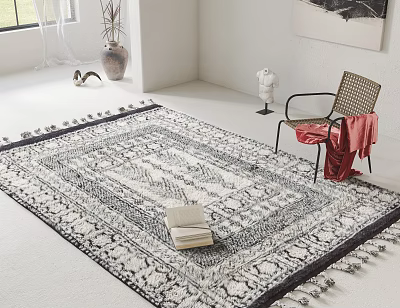 Square Fringed Rug With Black White Pattern In Living Room 3d model