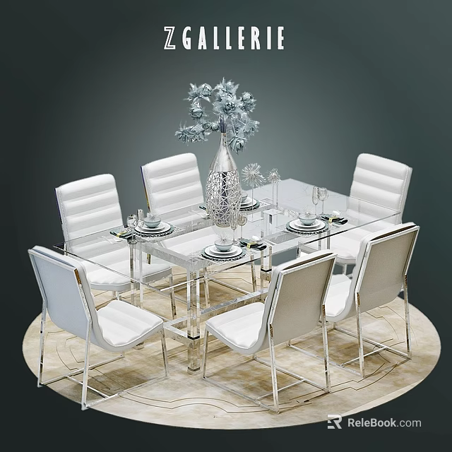 Modern Glass Dining Table and Chair Set with White Leather Seats Metal Frame and Vase 3d model 
