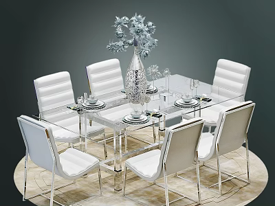 Modern Glass Dining Table and Chair Set with White Leather Seats Metal Frame and Vase 3d model