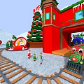 Festive Christmas Scene With Decorated Tree Castle Snowman And Candy Decorations